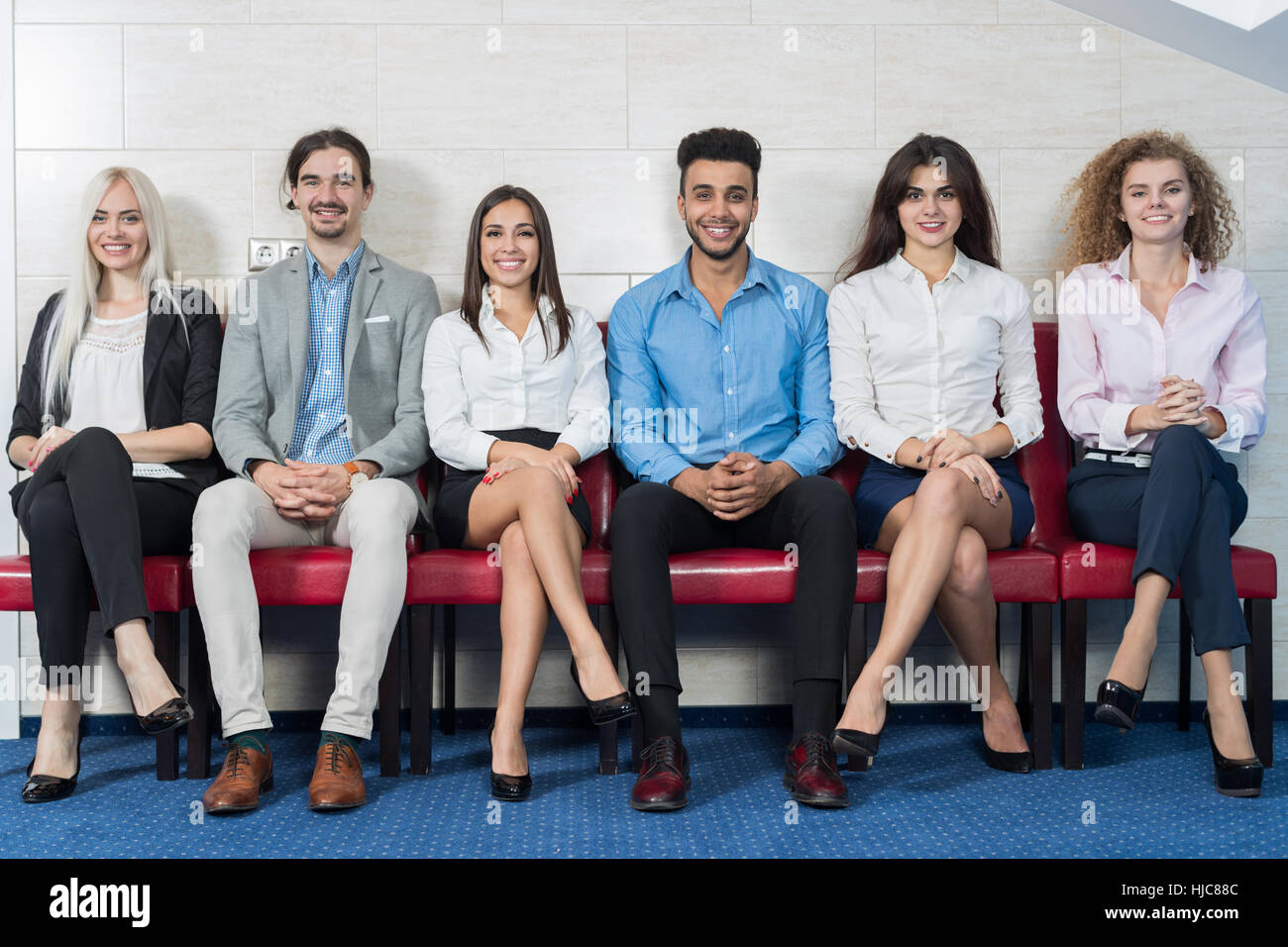 Business People Group Meeting Sitting In Line Queue, Businesspeople Crowd Recruitment Waiting for Job Interview Candidate Stock Photo