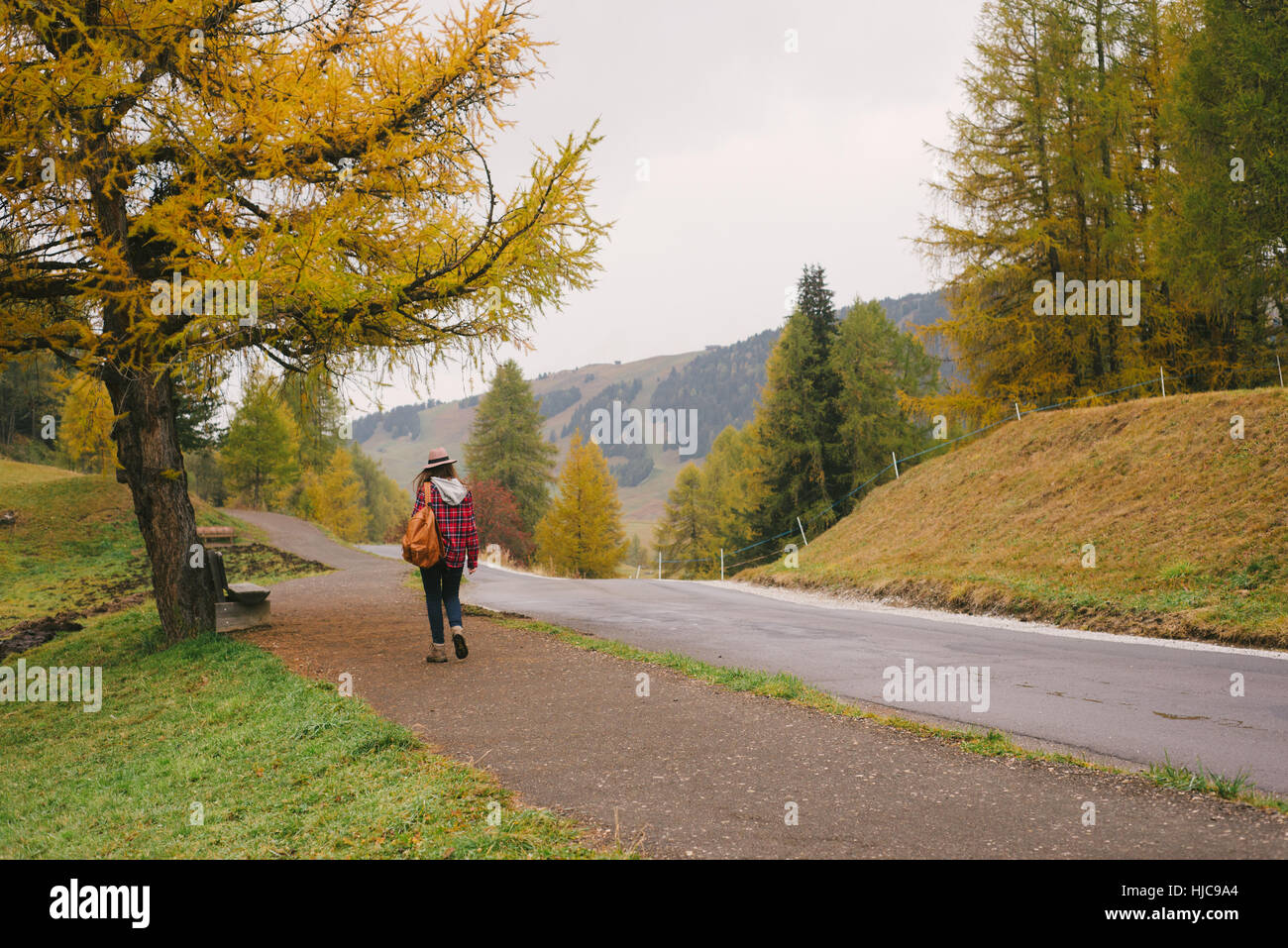 Hiker walking by road, Alpe di Siusi park, Dolomite Alps, South Tyrol, Italy Stock Photo