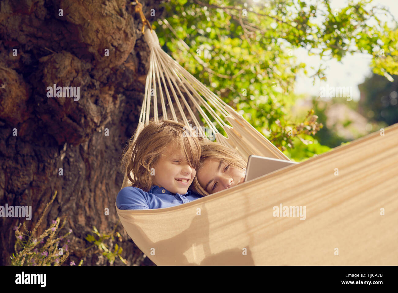 Teenage boy and brother reclining in garden hammock browsing digital tablet Stock Photo