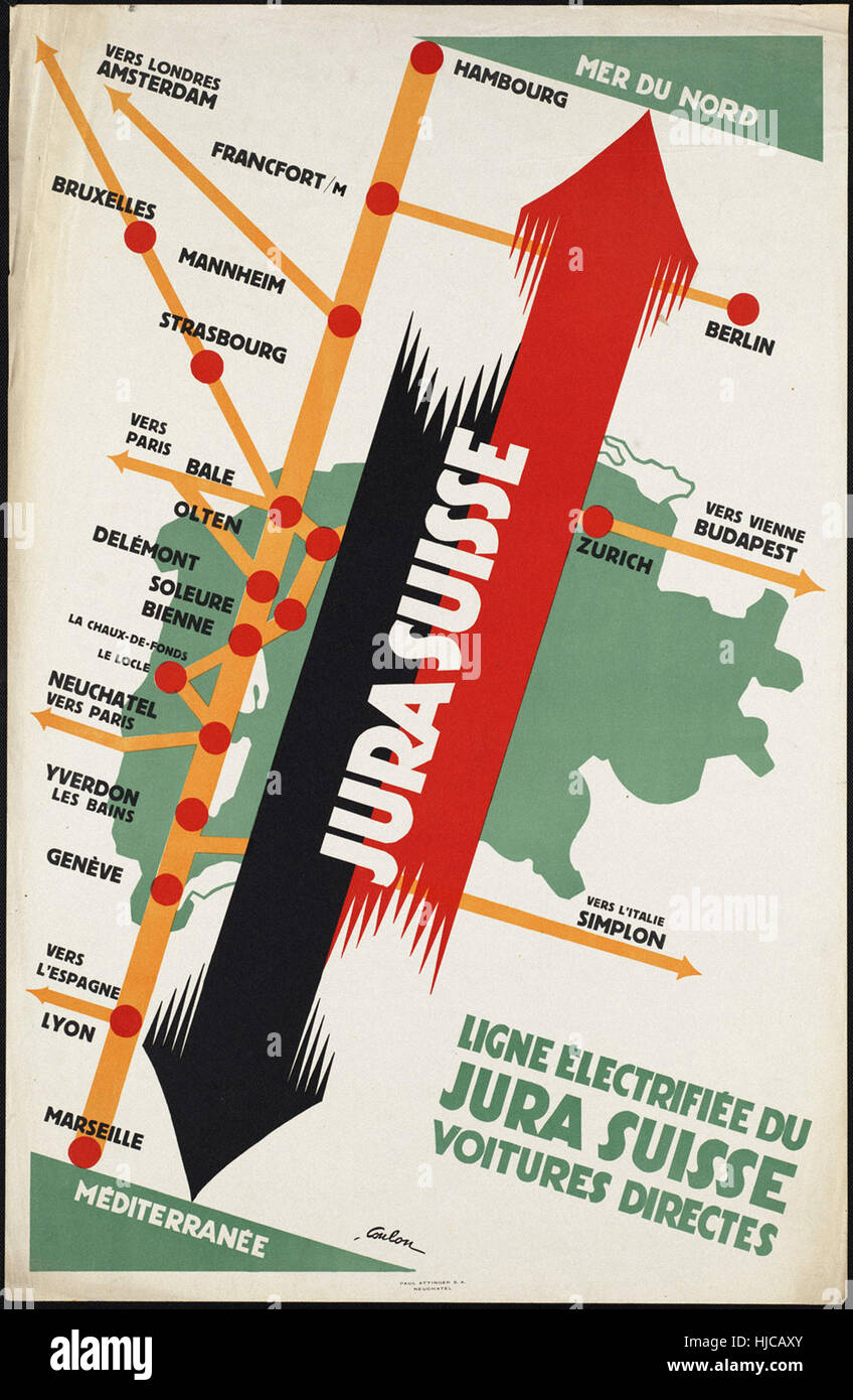 Jura Suisse. Ligne lectrifie du Jura Suisse voitures directes  - Vintage travel poster 1920s-1940s Stock Photo