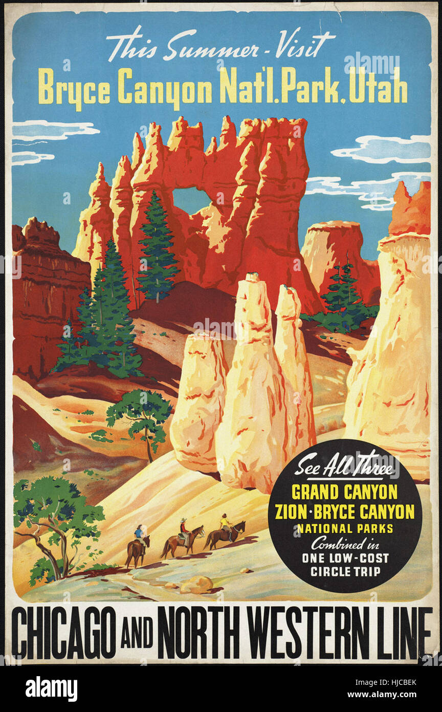 This summer - visit Bryce Canyon Nat'l. Park, Utah. Chicago and North Western Line  - Vintage travel poster 1920s-1940s Stock Photo