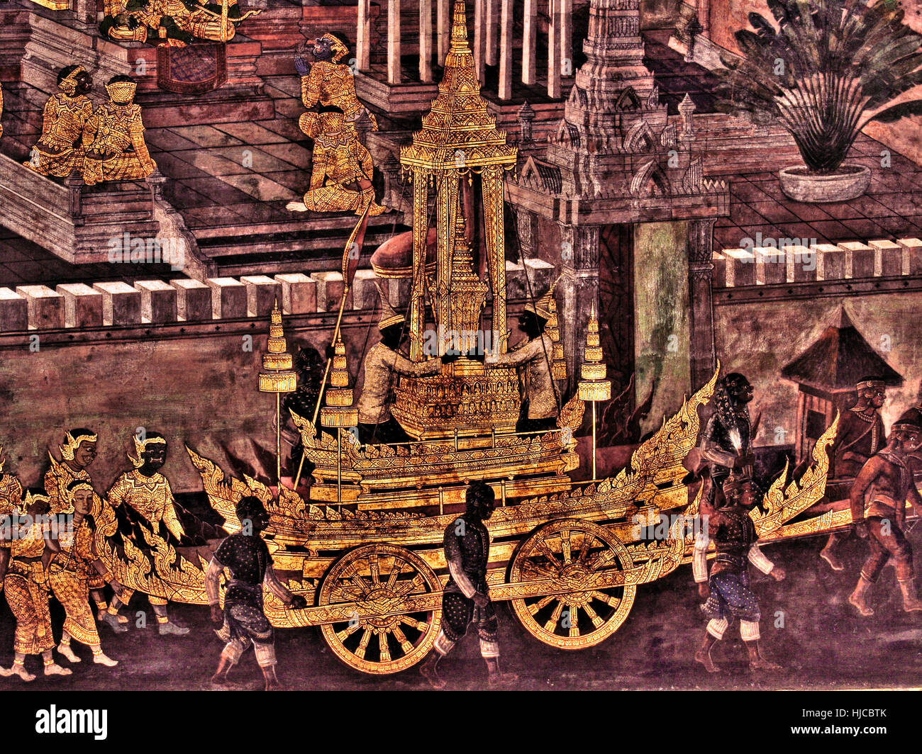 Ramayana Mural painting on exterior walls of king palace , bangkok Thailand Stock Photo