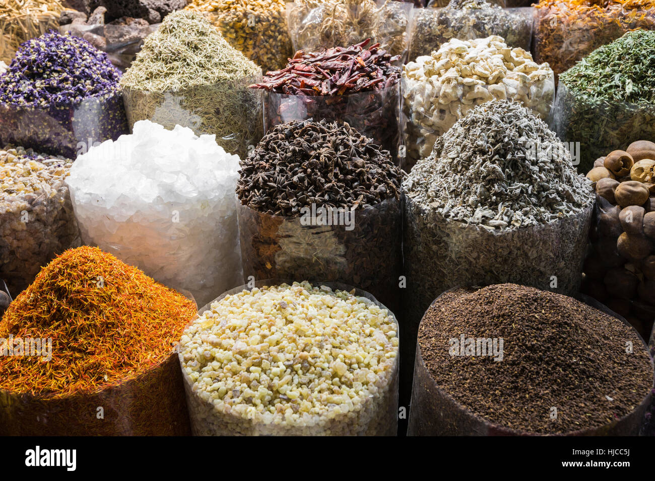 Dried herbs, flowers and arabic spices in the souk at Deira in Dubai