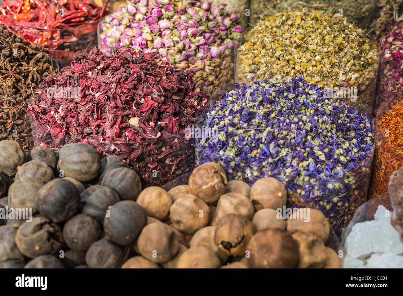 Dried herbs, flowers and arabic spices in the souk at Deira in Dubai