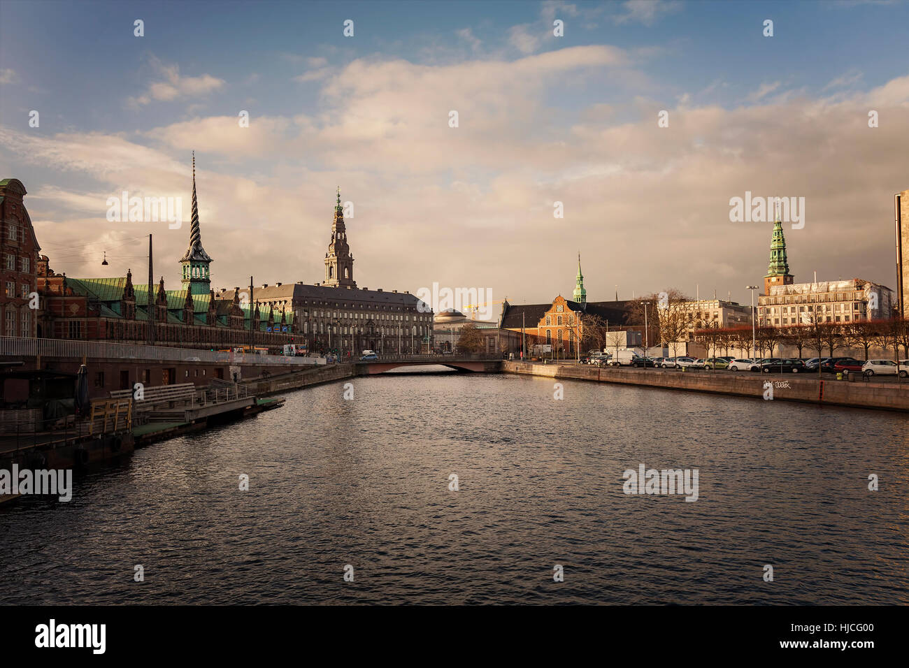 Historic buildings part of Copenhagen city skyline. Stock Photo