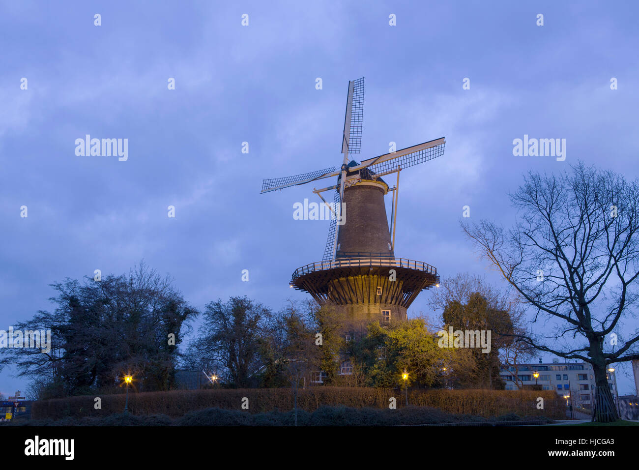 Iconic dutch Windmill in the University town of Leiden in the Netherlands. Stock Photo
