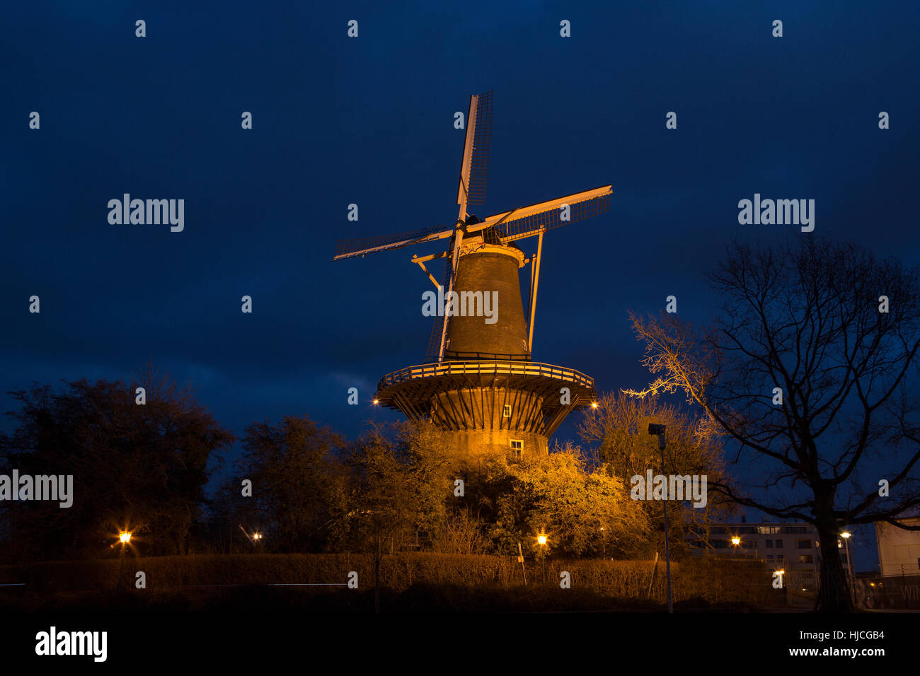 Iconic dutch Windmill in the University town of Leiden in the Netherlands. Stock Photo