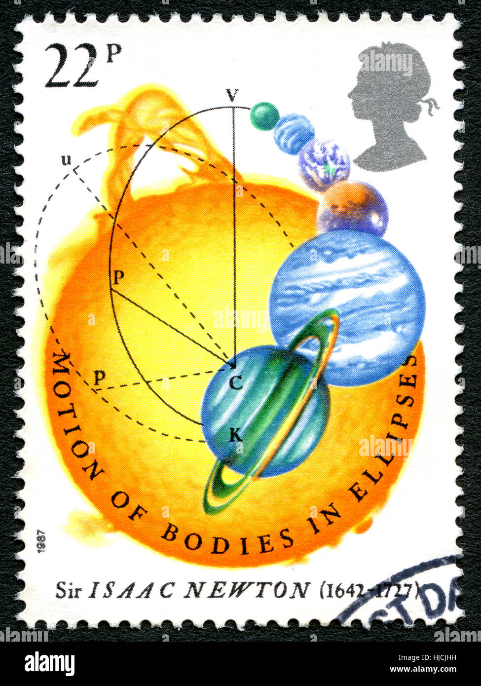 GREAT BRITAIN - CIRCA 1987: A used postage stamp from the UK, celebrating the 300th Anniversary of the first publication of The Principia Mathematica  Stock Photo