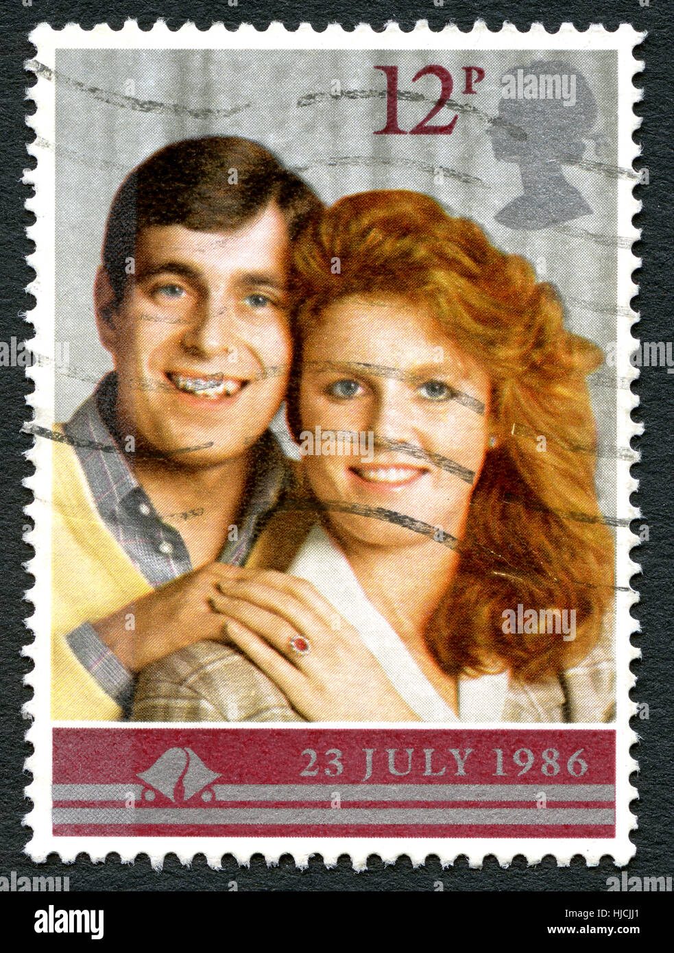 GREAT BRITAIN - CIRCA 1986: A used postage stamp from the UK, celebrating the Royal Wedding of Prince Andrew and Sarah Ferguson, circa 1986. Stock Photo