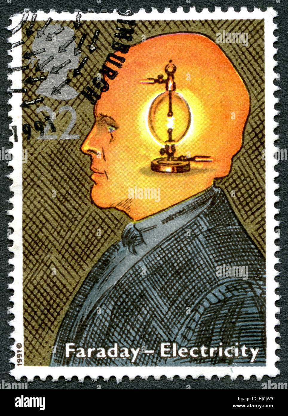 GREAT BRITAIN - CIRCA 1991: A used postage stamp from the UK, celebrating the work of English Scientist Michael Faraday and the discovery of Electrici Stock Photo