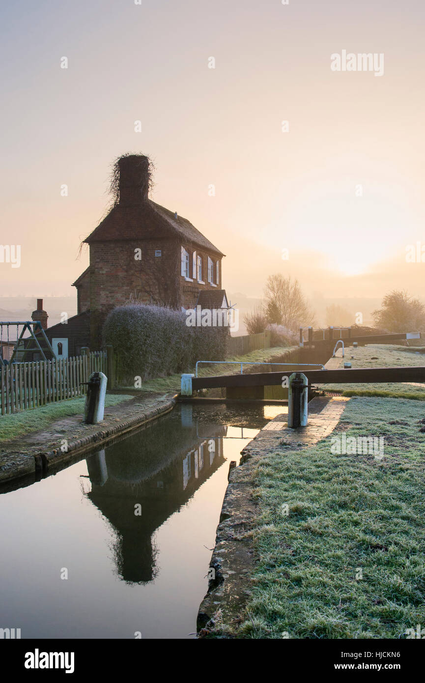 Deep lock cottage in the frost and fog in winter. Somerton, Oxfordshire