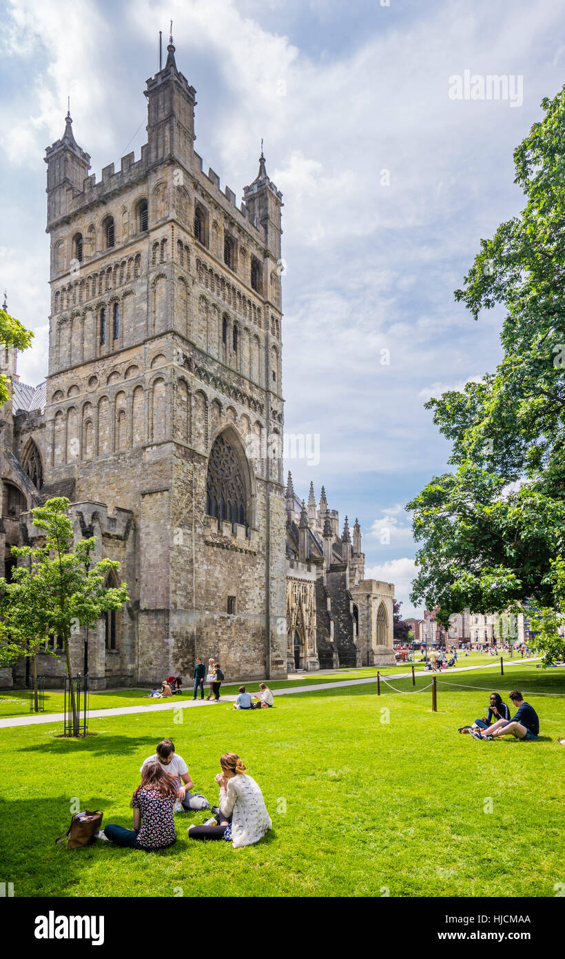 Great Britain, South West England, Devon, Exeter, Exeter Cathedral with North Tower seen from the Cathedral Green Stock Photo