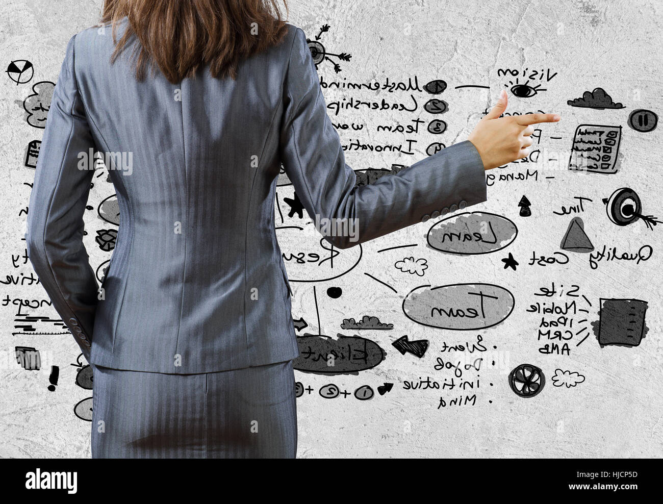 Rear view of businesswoman and sketches at background Stock Photo - Alamy