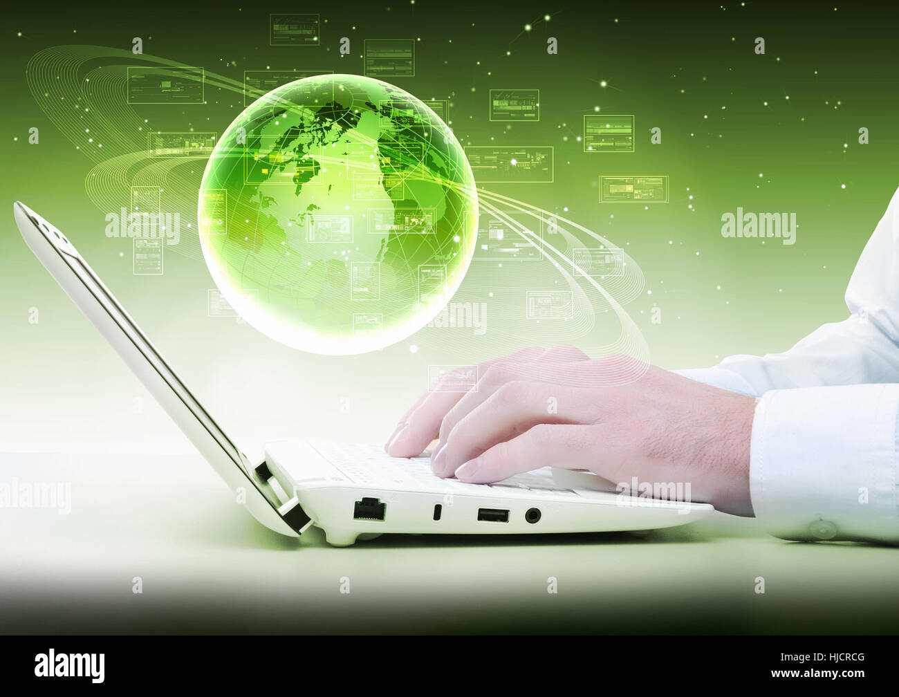 Collage with white laptop computers and symbols of communication Stock ...