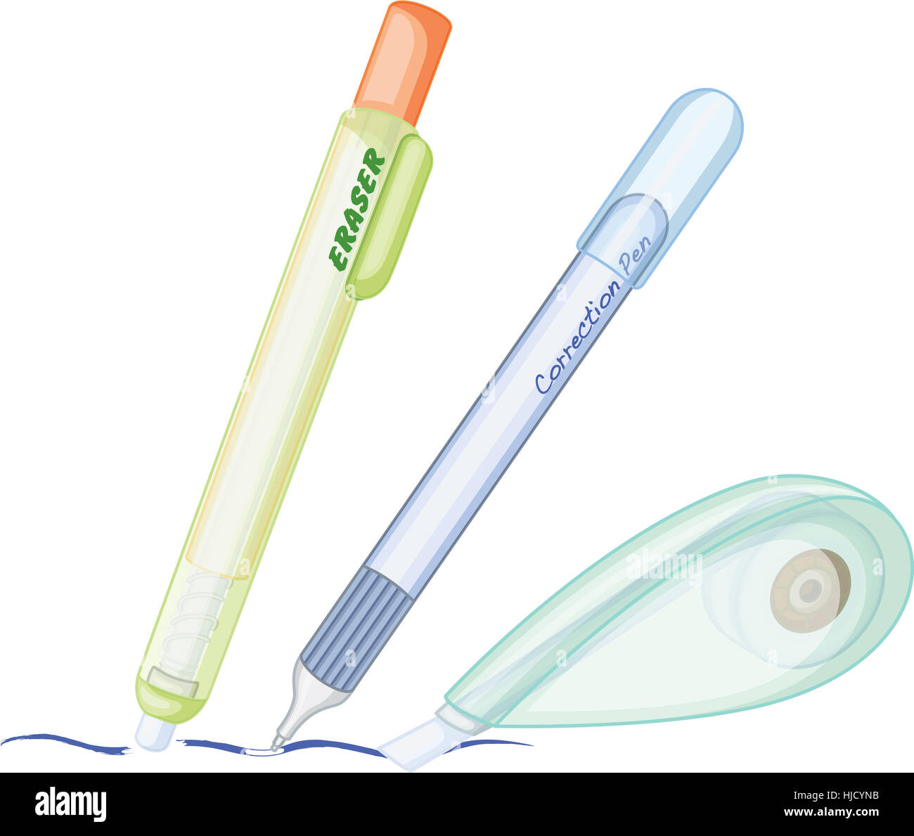 Illustration of eraser and correction pens on white background Stock