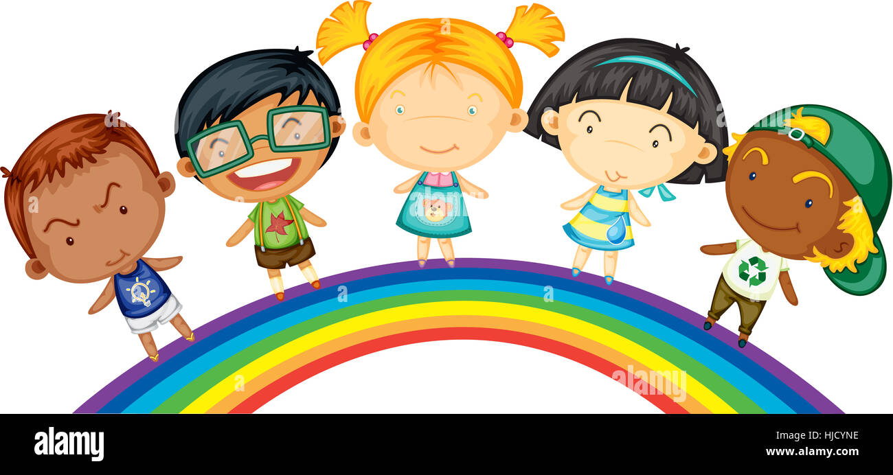 Illustration of children standing on rainbow on white background Stock ...