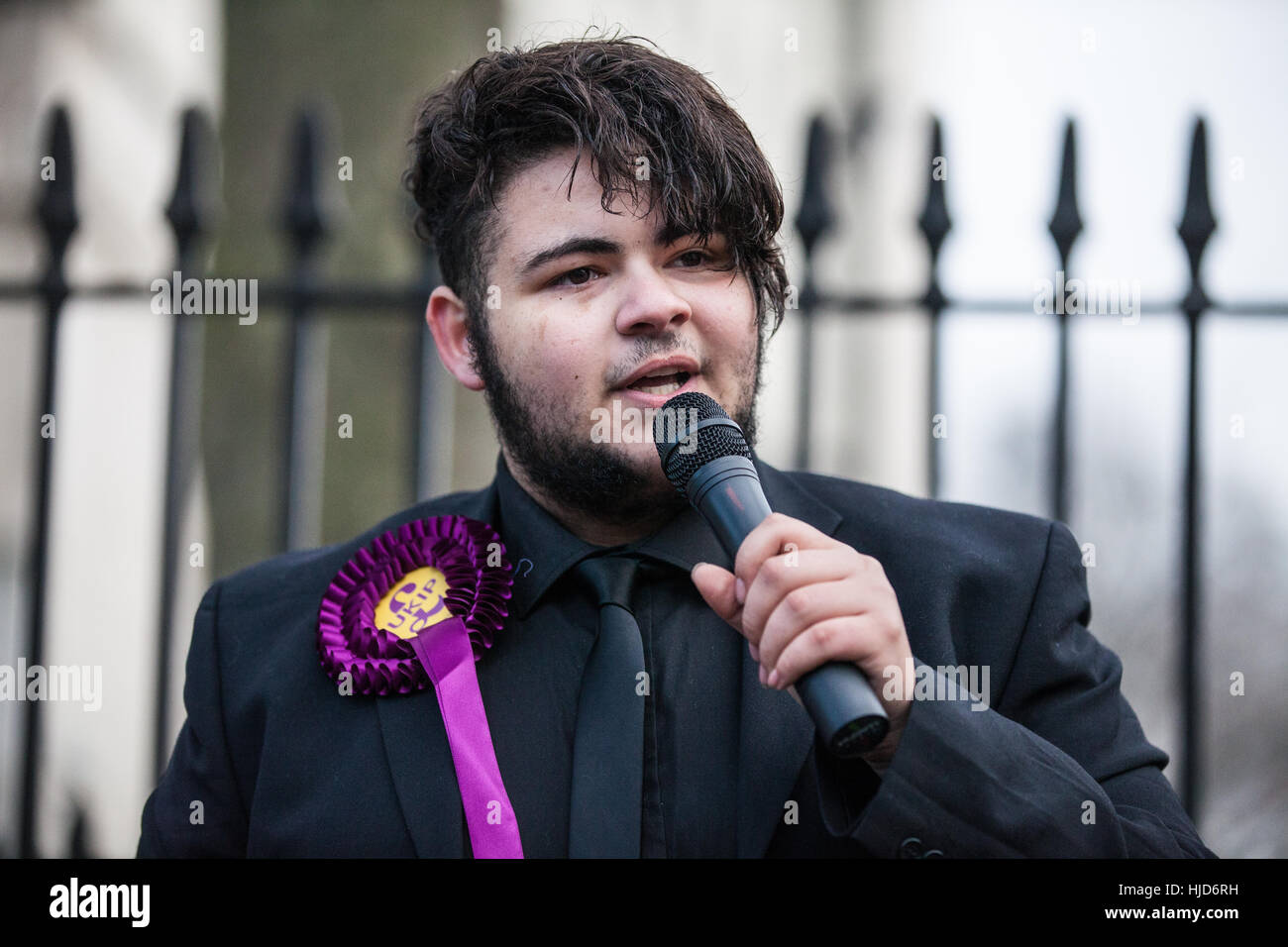 London, UK. 23rd January, 2017. Reko Smith, Vice Chairperson for Manchester Young Carers' Forum, addresses pro-Brexit campaigners attending a 'Brexit Peaceful Loud and Proud' rally organised by UKIP outside Downing Street. Campaigners intend to ensure that the EU Referendum vote is implemented. Credit: Mark Kerrison/Alamy Live News Stock Photo
