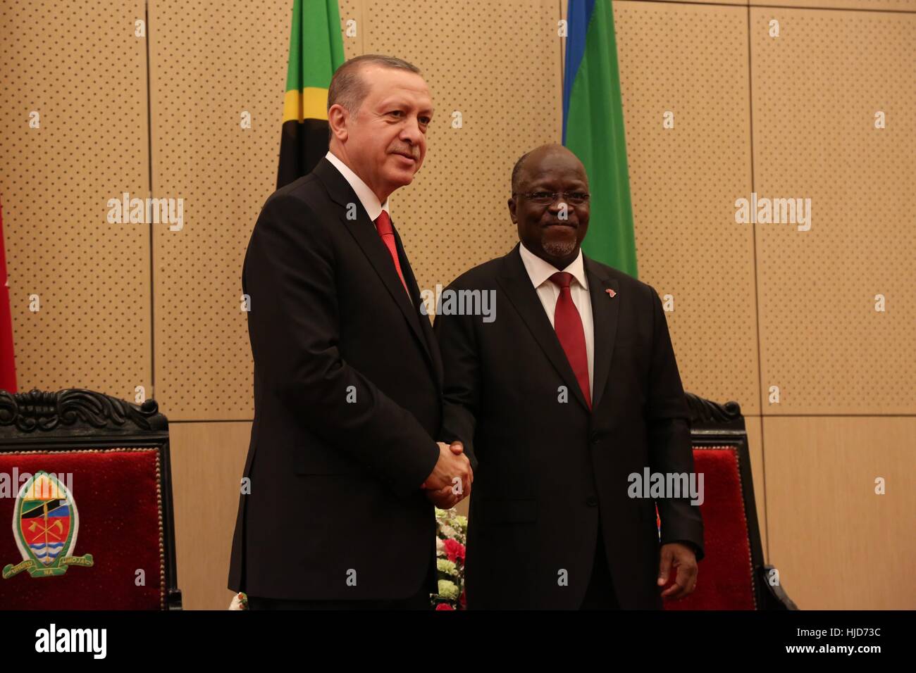 Dar Es Salaam, Tanzania. 23rd Jan, 2017. Tanzanian President John Magufuli meets with his Turkish counterpart Recep Tayyip Erdogan, in Dar es Salaam, Tanzania. Tanzania and Turkey on Monday agreed to boost economic ties shortly after they had signed partnership agreements in education research, health, transport, defence and security. Credit: Mroki/Xinhua/Alamy Live News Stock Photo