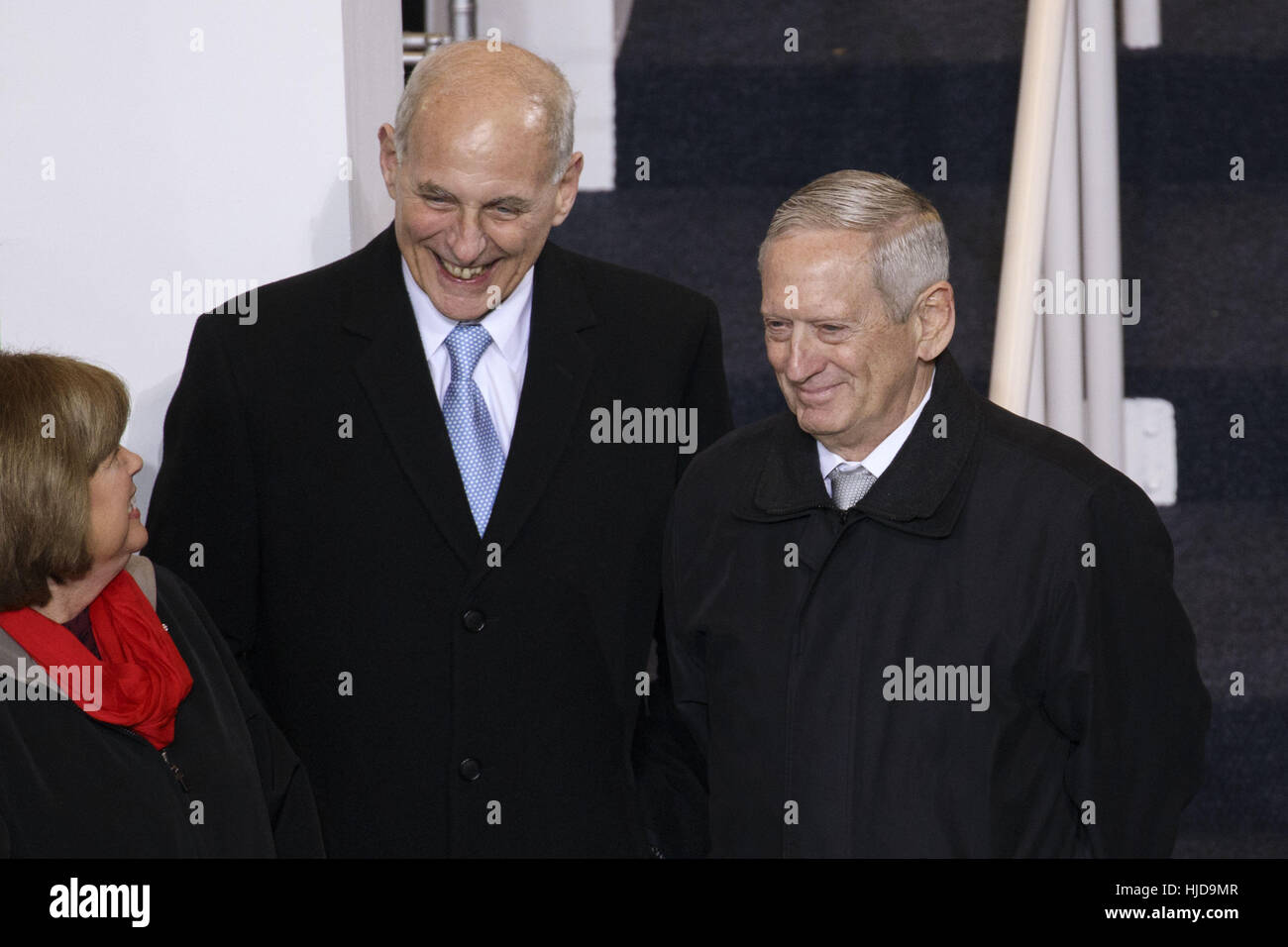 Washington, DC, USA. 20th Jan, 2017. Retired Marine Corps General John F. Kelly, Secretary of Homeland Security, center, and James Mattis, Secretary of Defense, right, attend the inauguration parade of Donald J. Trump as 45th President of the United States in front of the White House on Friday, January 20, 2017 in Washington, DC © 2017 Patrick T. Fallon Credit: Patrick Fallon/ZUMA Wire/Alamy Live News Stock Photo