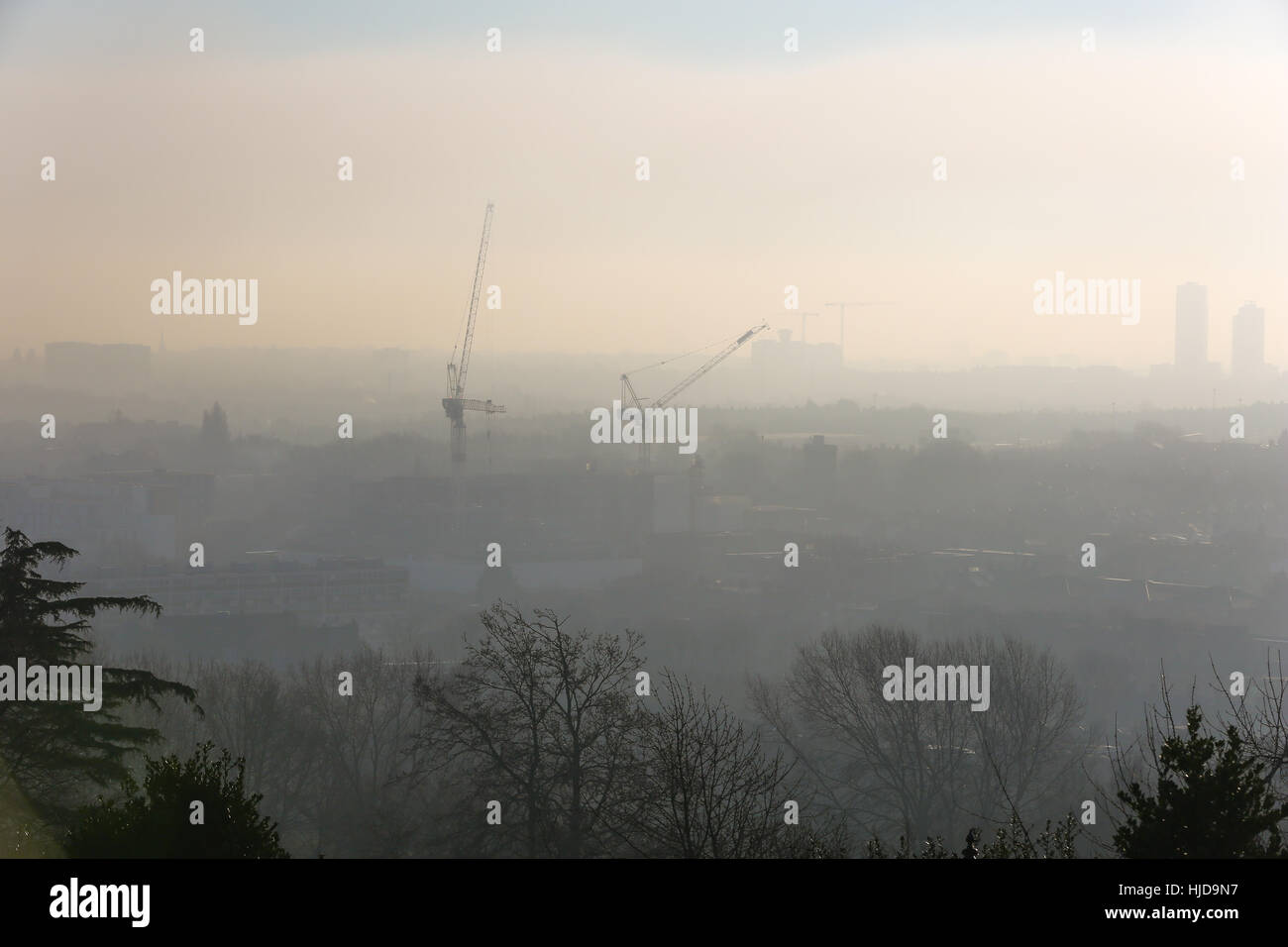 Alexandra Palace, North London, UK. 24th Jan, 2017. UK Weather. View of London from Alexandra Palace, North London showing the pollution in the capital. A very high air pollution alert has been issued for London by the Mayor of London, Sadiq Khan for the first time. Credit: Dinendra Haria/Alamy Live News Stock Photo