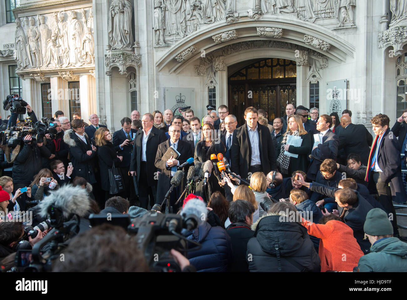 London, UK. 24th January 2017.Gina Miller speaking after the Supreme Court dismissed the government's appeal in a landmarkcase about Brexit, meaning Parliament will be required  to give its approval talks on leaving the EU. Michael Tubi/ Alamy Live News Stock Photo