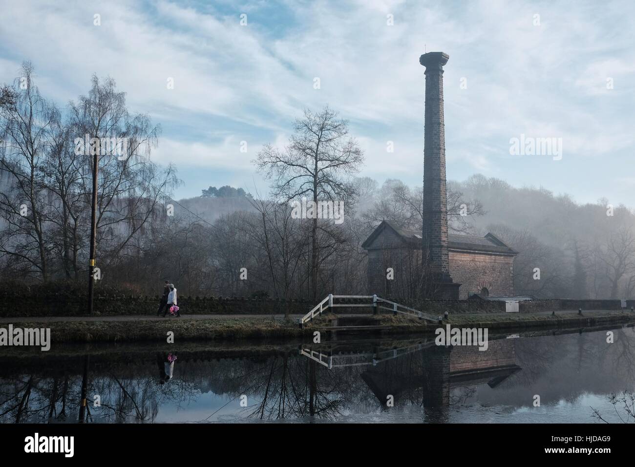 Cromford Canal, High Peak Junction, Derbyshire, UK. 24th Jan, 2017. A misty morning by the steam pumping station used to pump water from the river Derwent to the Cromford Canal at High Peak Junction during the Industrial Revolution. Credit: Tom Corban/Alamy Live News Stock Photo