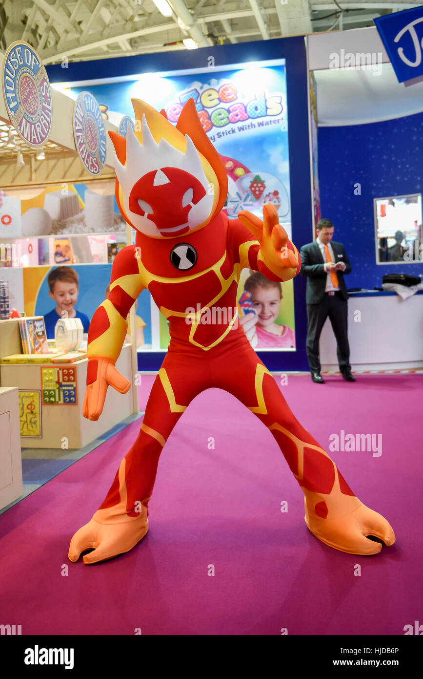 London, UK. 24th Jan, 2017. Heat Blast from Ben 10 is seen at the opening  day of the Toy Fair 2017, taking place at Kensington Olympia. The trade  show brings together many