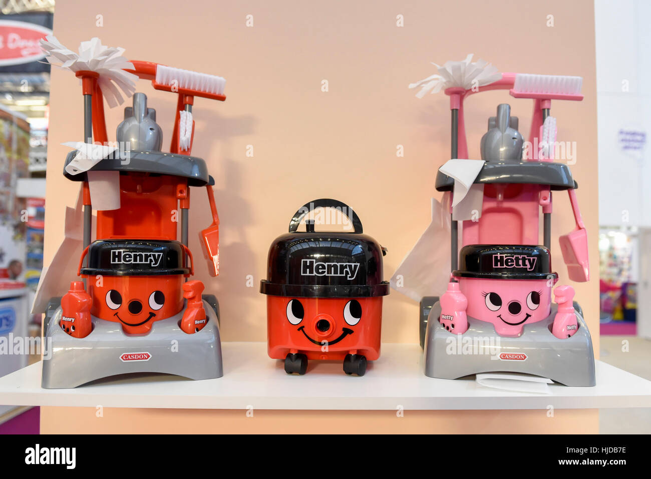 London, UK. 24th Jan, 2017. Toy Henry vacuum cleaners on display at the opening day of the Toy Fair 2017, taking place at Kensington Olympia. The trade show brings together many of the leading toy manufacturers and distributors and offers a chance for buyers to see the latest toys in preparation for Christmas. Credit: Stephen Chung/Alamy Live News Stock Photo