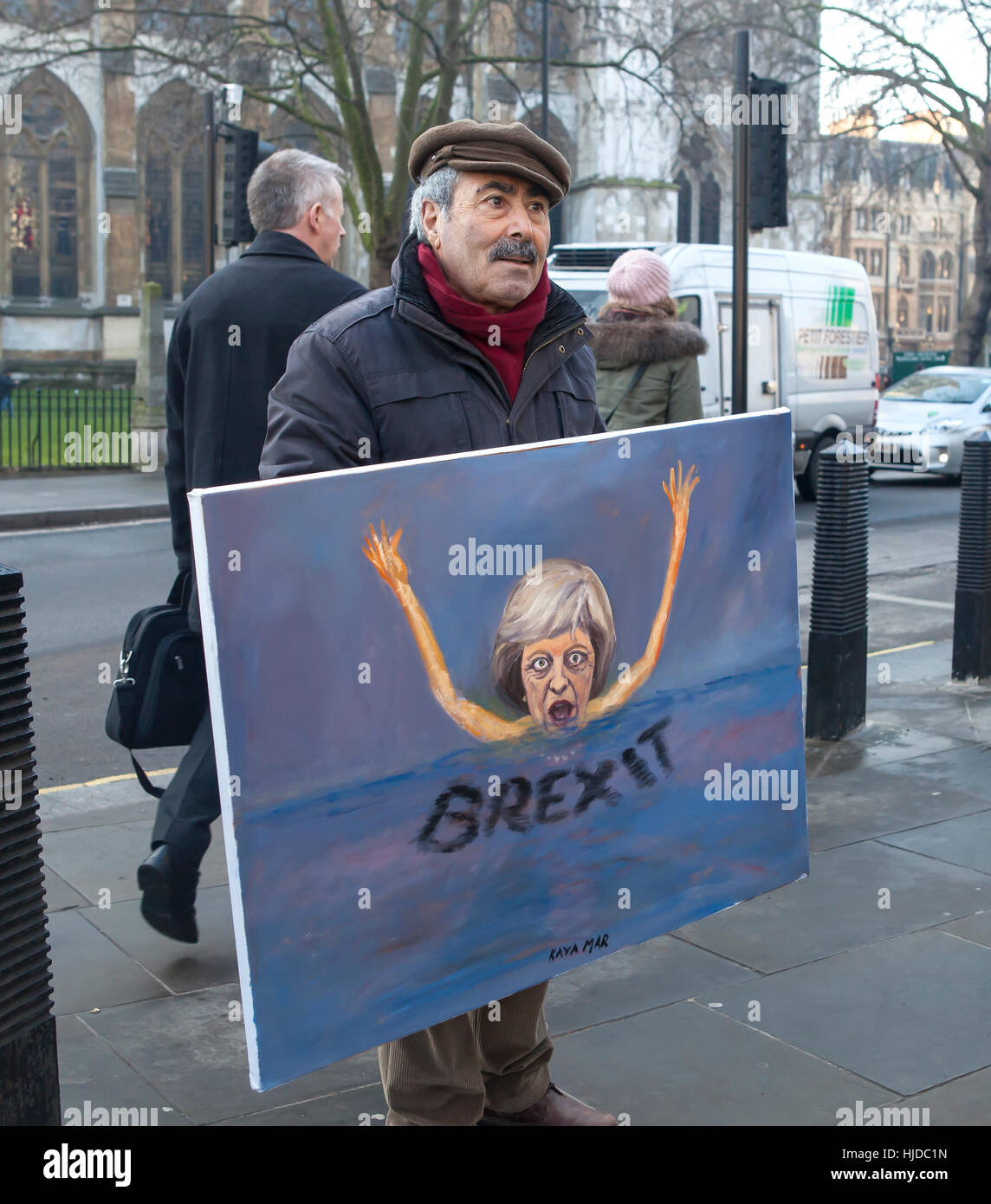 London, UK. 24th Jan, 2017. Verdict of the Supreme Court. The verdict of the Supreme Court was given today. Kaya Mar, artist, is reknown for painting his objection to Brexit. Credit: Jane Campbell/Alamy Live News Stock Photo