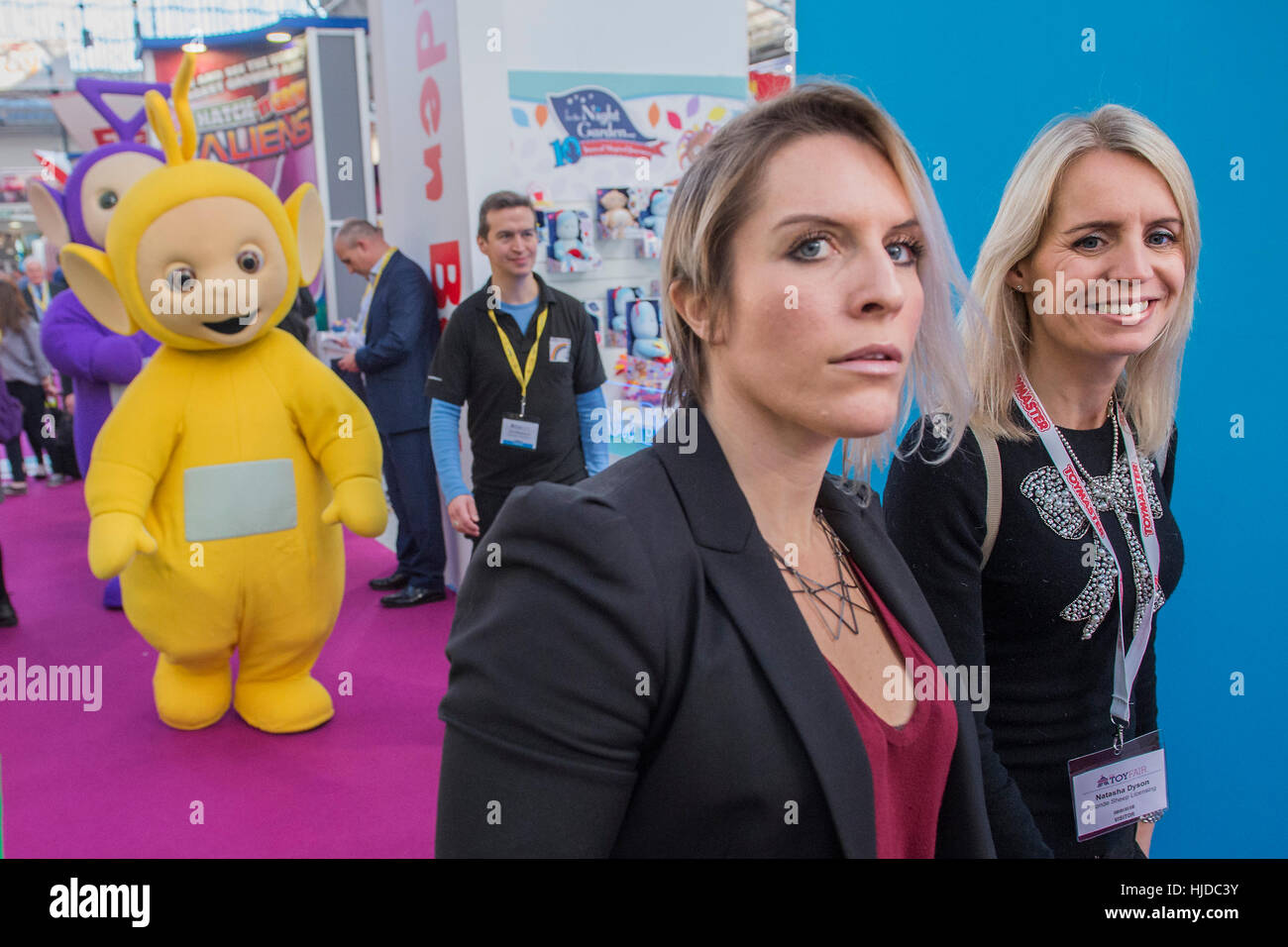 London, UK. 24th Jan, 2017. The Teletubbies celebrate their 20th anniversary - The London Toy Fair opens at Olympia exhibition centre. Organised by the British Toy and Hobby Association it is the only dedicated toy, game and hobby trade exhibition in the UK. It runs for three days, with more than 240 exhibiting companies ranging from the large internationals to the new start up companies. London 24/01/17 Credit: Guy Bell/Alamy Live News Stock Photo