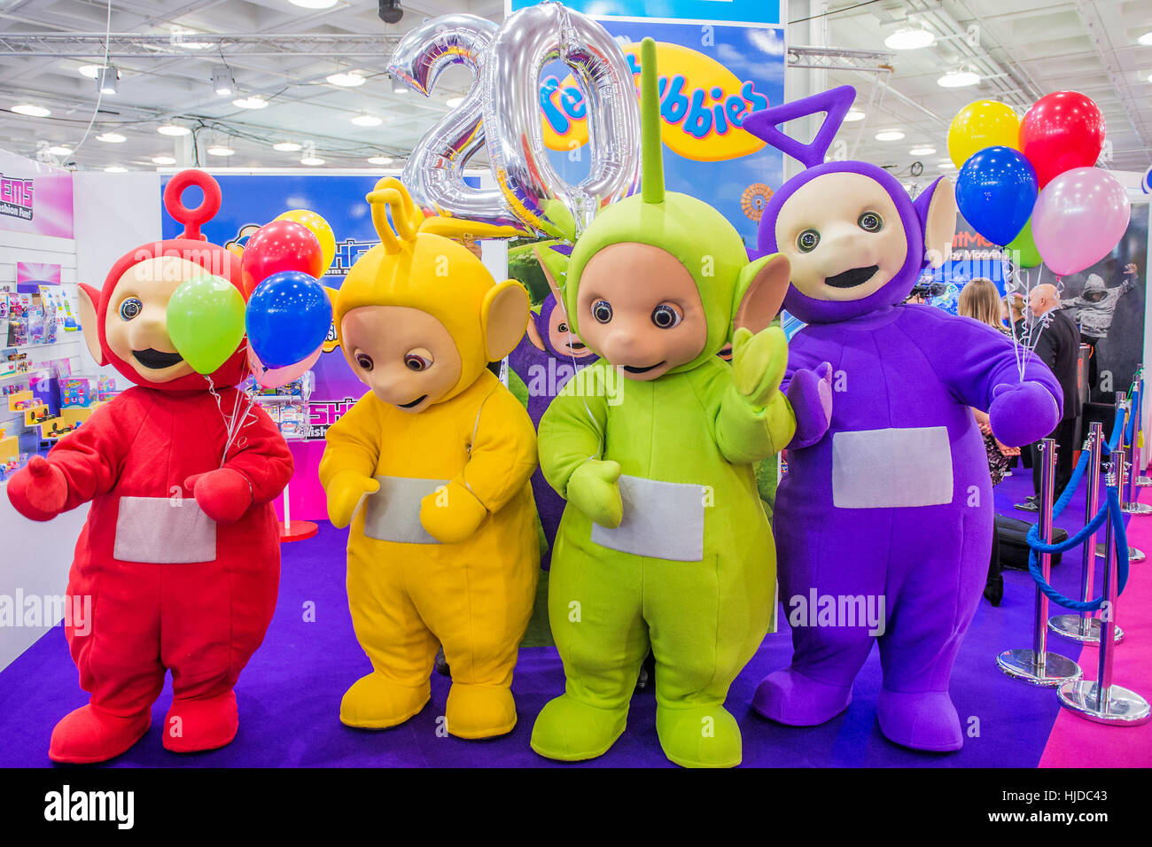 London, UK. 24th Jan, 2017. The Teletubbies celebrate their 20th anniversary - The London Toy Fair opens at Olympia exhibition centre. Organised by the British Toy and Hobby Association it is the only dedicated toy, game and hobby trade exhibition in the UK. It runs for three days, with more than 240 exhibiting companies ranging from the large internationals to the new start up companies. London 24/01/17 Credit: Guy Bell/Alamy Live News Stock Photo
