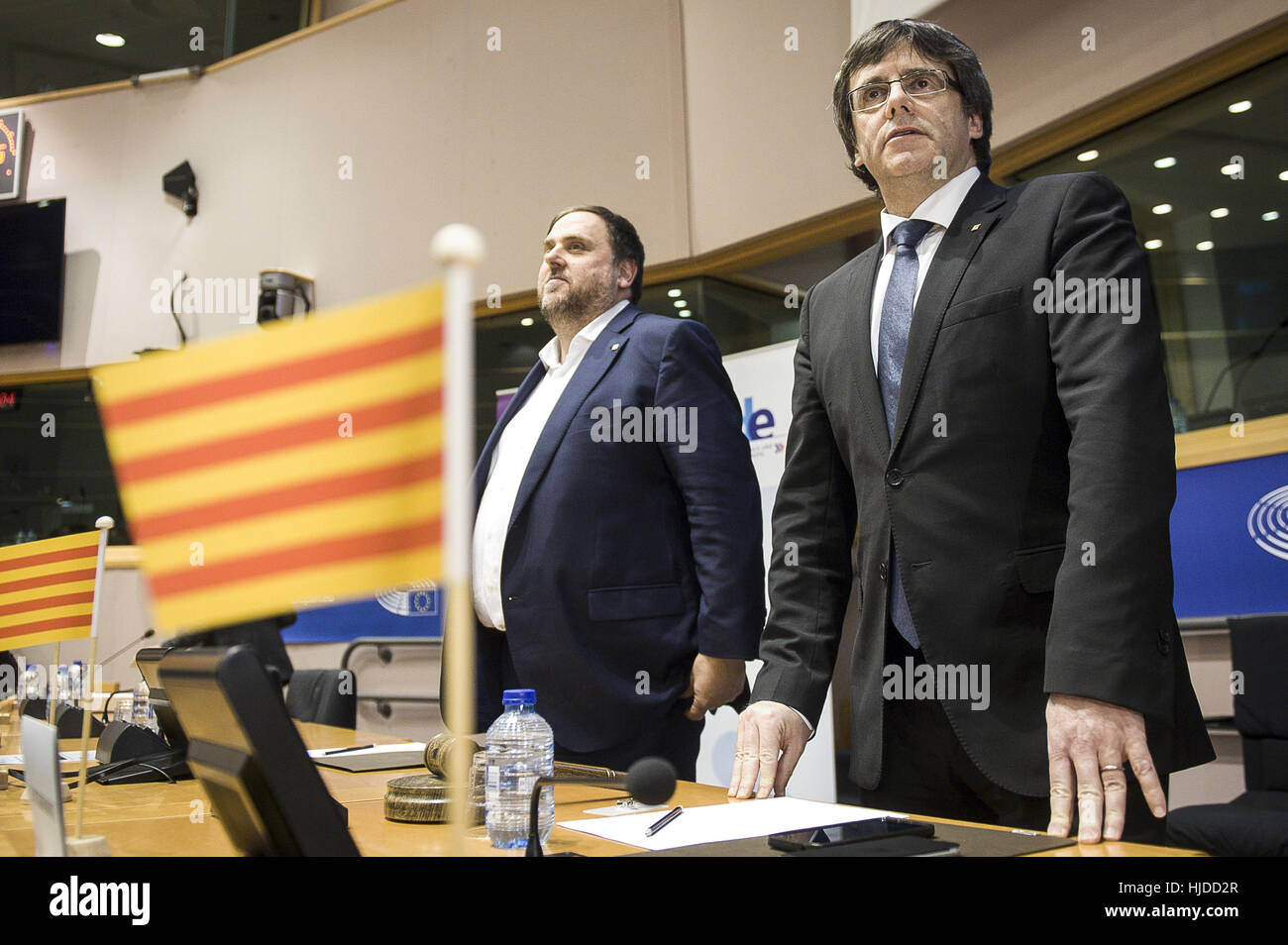Oriol Janqueras Vice President of the Catalan government of Economy and Treasury (L) and Carles Puigdemont President of the Catalan government take part in the conference on The Catalan Independence Referendum at European Parliament headquarters in Brussels, Belgium on 24.01.2017 by Wiktor Dabkowski | usage worldwide Stock Photo
