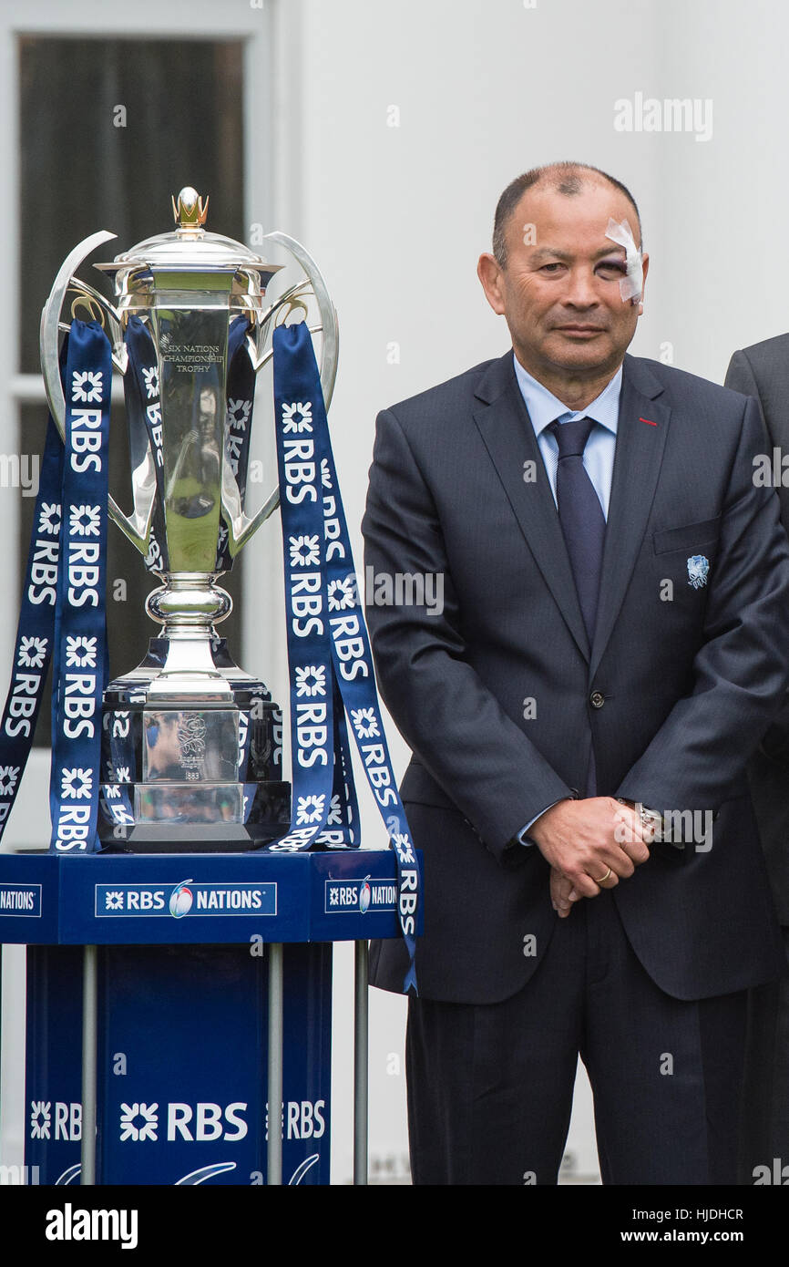 London, UK. 25th January 2017. England Head Coach Eddie Jones with the six nations trophy at the launch of the RBS 6 Nations Championship at the Hurlingham Club London Credit: Alan D West/Alamy Live News Stock Photo
