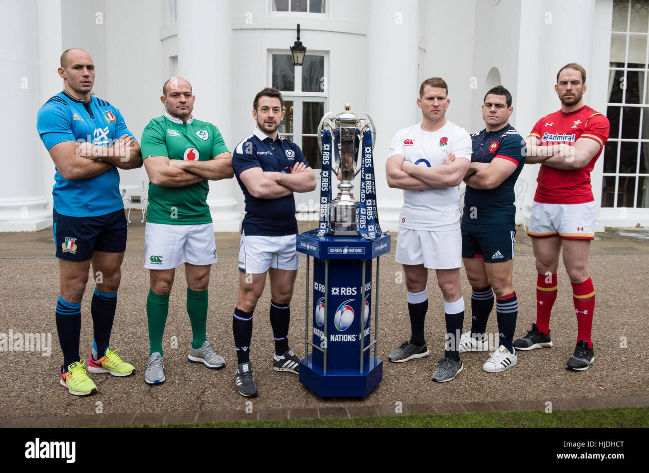 London, UK. 25th January 2017. Team Captains, Sergio Parisse (Italy), Rory Best (Ireland), Greig Laidlaw (Scotland), Dylan Hartley (England), Guilhem Guirado (France) and Alun Wynn Jones (Wales) with the six nations trophy at the launch of the RBS 6 Nations Championship at the Hurlingham Club London Credit: Alan D West/Alamy Live News Stock Photo