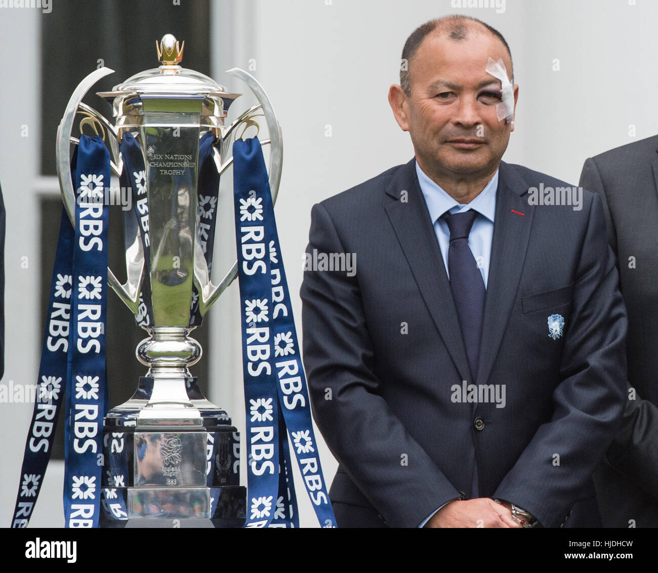 London, UK. 25th January 2017. England Head Coach Eddie Jones with the six nations trophy at the launch of the RBS 6 Nations Championship at the Hurlingham Club London Credit: Alan D West/Alamy Live News Stock Photo