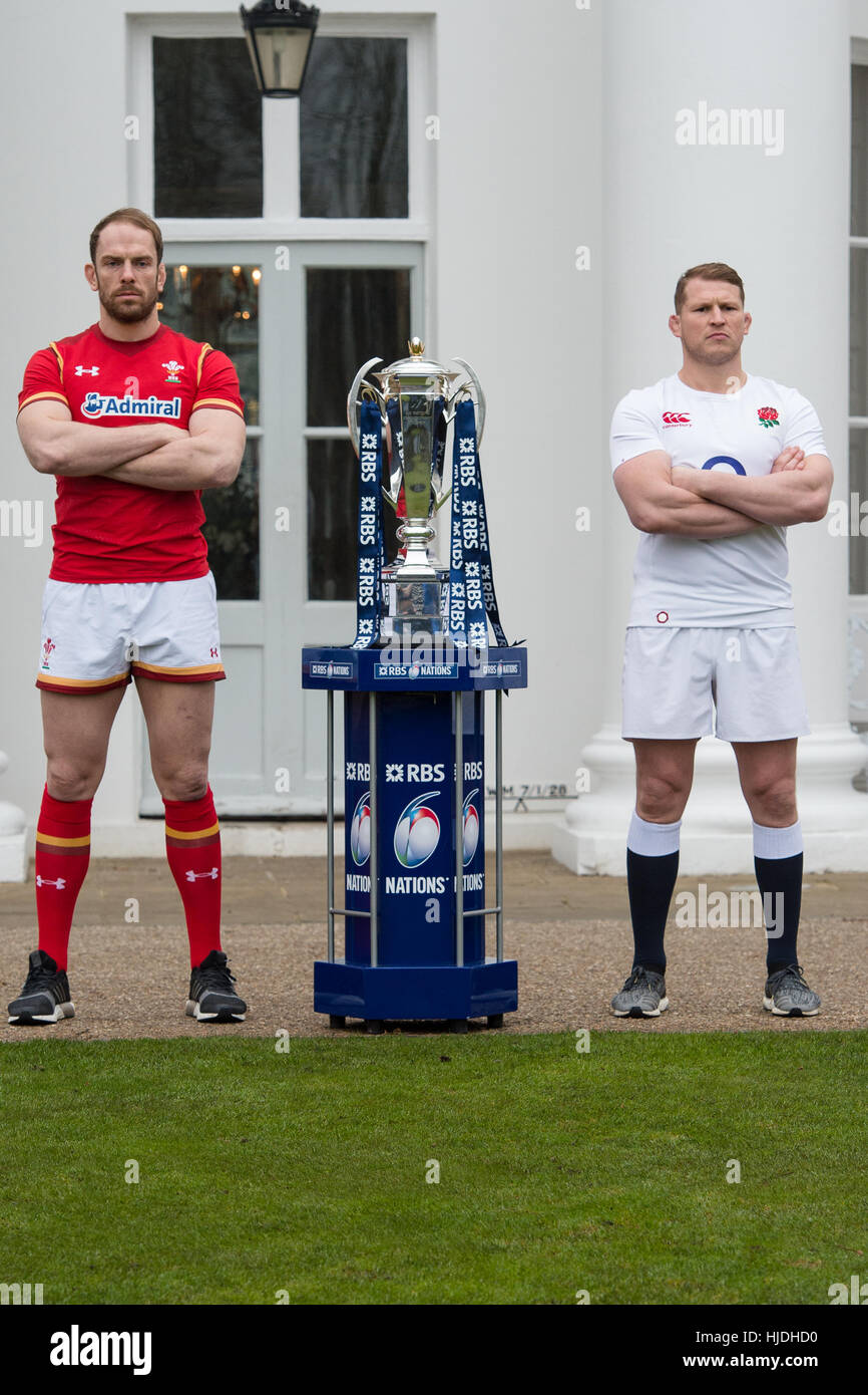 London, UK. 25th January 2017. Team Captains, Alun Wynn Jones (Wales) and Dylan Hartley (England) with the six nations trophy at the launch of the RBS 6 Nations Championship at the Hurlingham Club London Credit: Alan D West/Alamy Live News Stock Photo