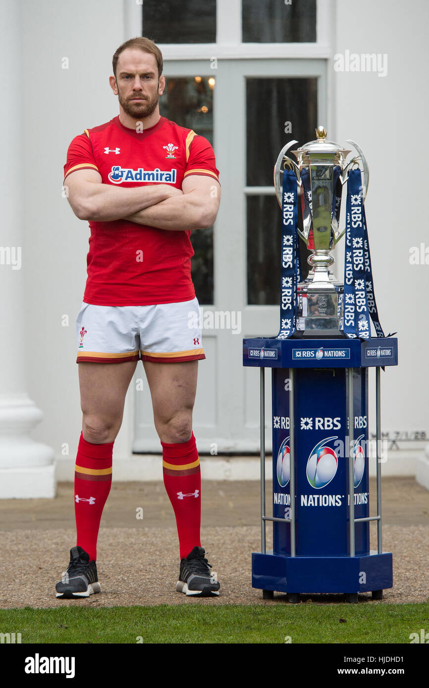 London, UK. 25th January 2017. Alun Wynn Jones (Wales) with the six nations trophy at the launch of the RBS 6 Nations Championship at the Hurlingham Club London Credit: Alan D West/Alamy Live News Stock Photo