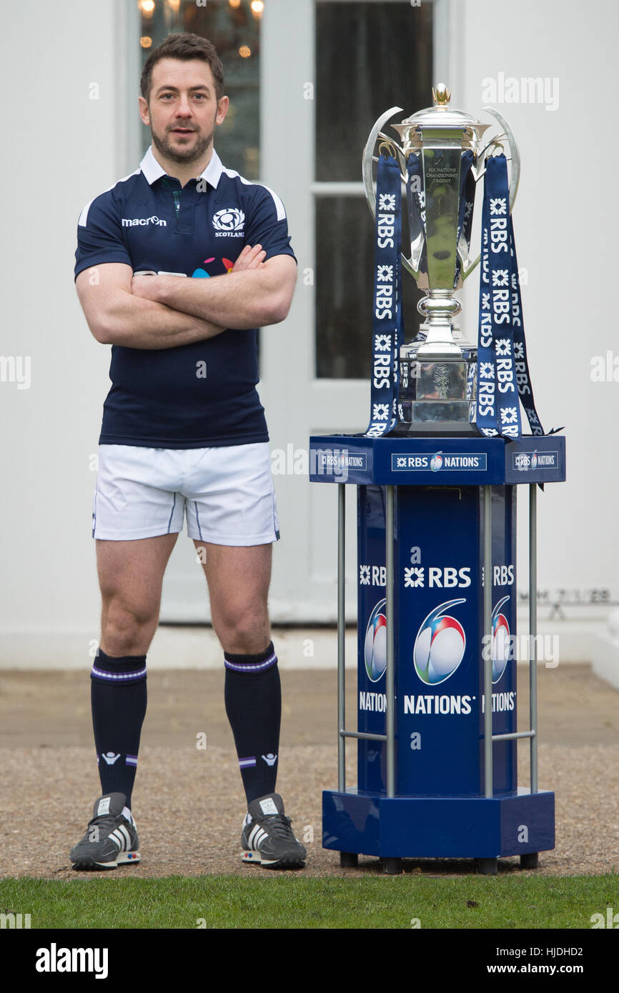 London, UK. 25th January 2017. Greig Laidlaw (Scotland) with the six nations trophy at the launch of the RBS 6 Nations Championship at the Hurlingham Club London Credit: Alan D West/Alamy Live News Stock Photo