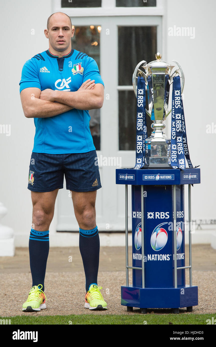 London, UK. 25th January 2017. Sergio Parisse (Italy) with the six nations trophy at the launch of the RBS 6 Nations Championship at the Hurlingham Club London Credit: Alan D West/Alamy Live News Stock Photo