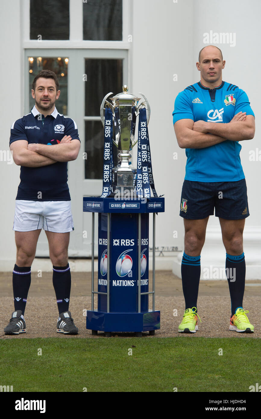 London, UK. 25th January 2017. Team Captains, Rory Laidlaw (Scotland) and Sergio Parisse (Italy) with the six nations trophy at the launch of the RBS 6 Nations Championship at the Hurlingham Club London Credit: Alan D West/Alamy Live News Stock Photo