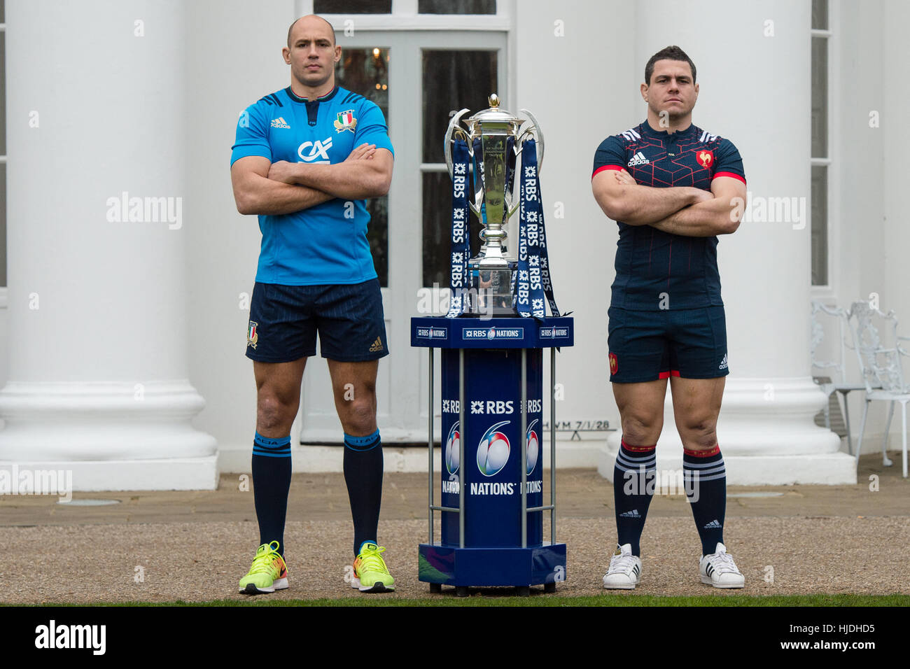 London, UK. 25th January 2017. Team Captains, Sergio Parisse (Italy) and Guilhem Guirado (France) with the six nations trophy at the launch of the RBS 6 Nations Championship at the Hurlingham Club London Credit: Alan D West/Alamy Live News Stock Photo