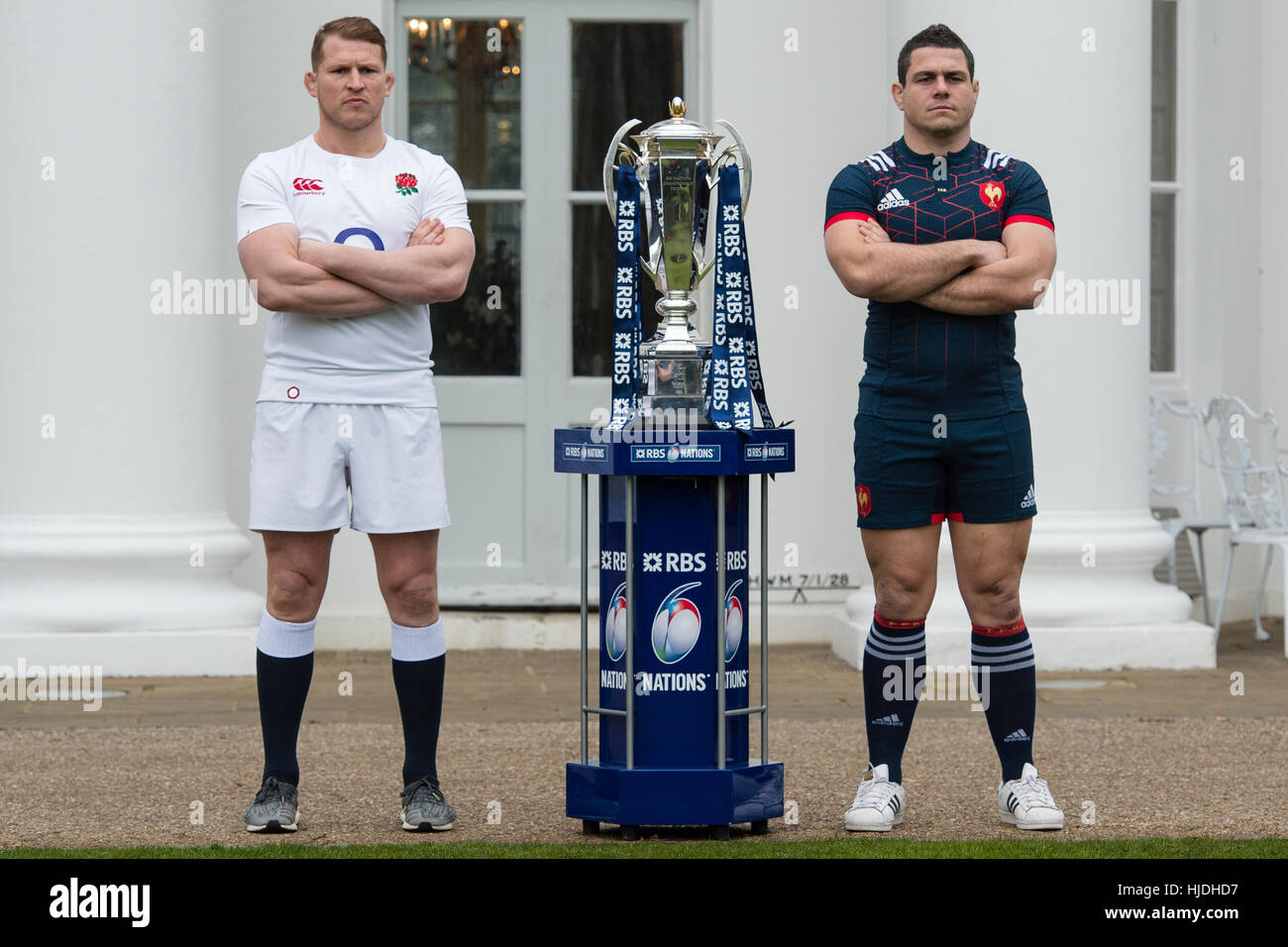 London, UK. 25th January 2017. Team Captains, Dylan Hartley (England) and Guilhem Guirado  (France) with the six nations trophy at the launch of the RBS 6 Nations Championship at the Hurlingham Club London Credit: Alan D West/Alamy Live News Stock Photo