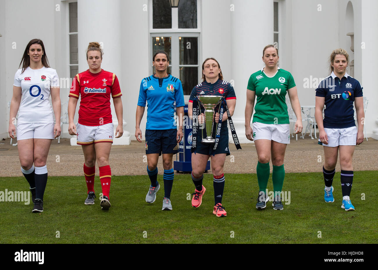 London, UK. 25th January 2017. Womens Captains, Sarah Hunter, Carys Phillips, Sara Barattin, Gaelle Mignot, Niamh Briggs and Lisa Martin with the 6 Nations trophy at the launch of the RBS 6 Nations Championship at the Hurlingham Club London Credit: Alan D West/Alamy Live News Stock Photo