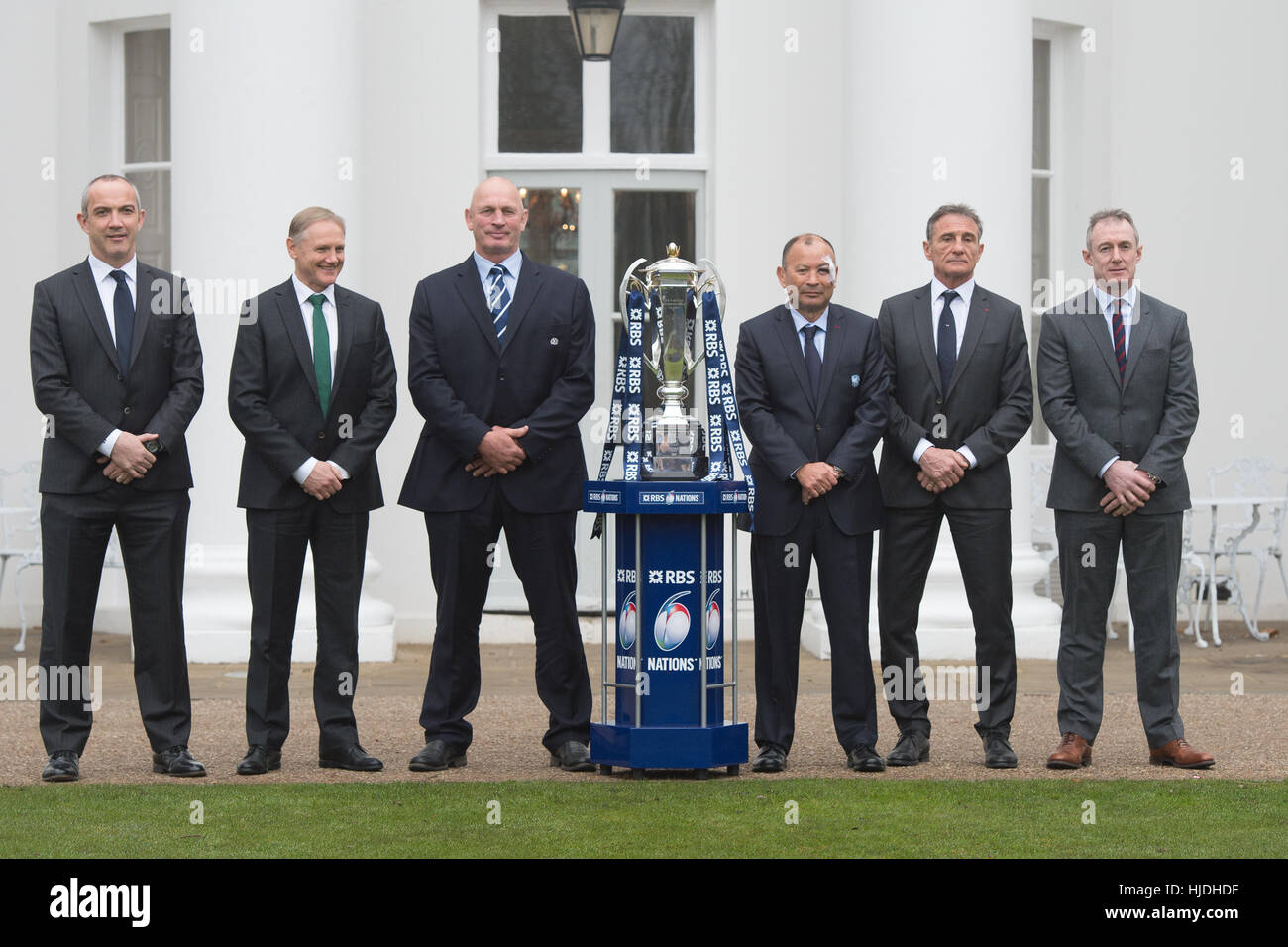 London, UK. 25th January 2017. Connor O'Shea, Joe Schmidt, Vern Cotter, Edie Jones, Guy Noves and Rob Howley attend the launch of the RBS 6 Nations Championship at the Hurlingham Club London Credit: Alan D West/Alamy Live News Stock Photo
