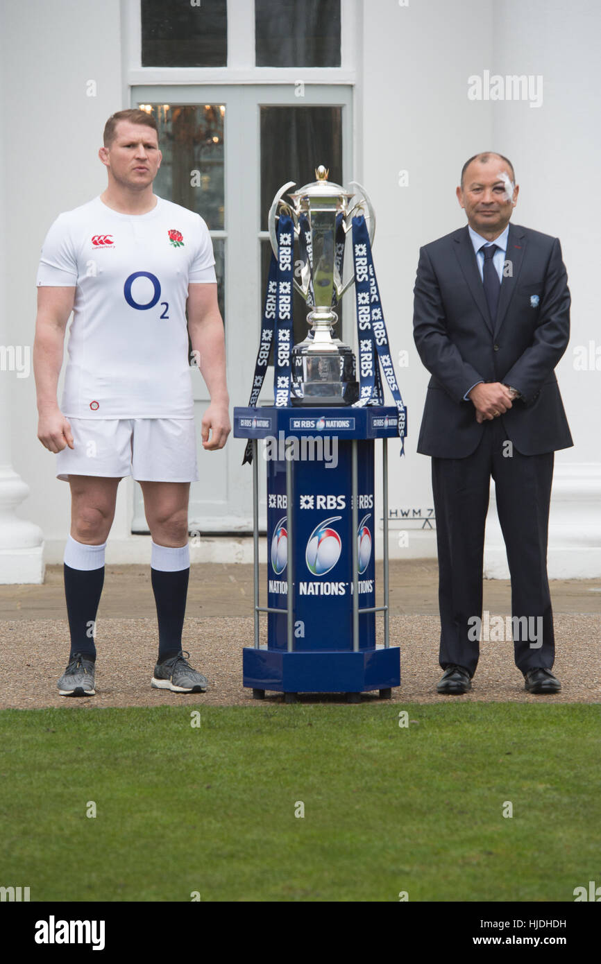 London, UK. 25th January 2017. Dylan Hartley and Eddie Jones attend the launch of the RBS 6 Nations Championship at the Hurlingham Club London Credit: Alan D West/Alamy Live News Stock Photo