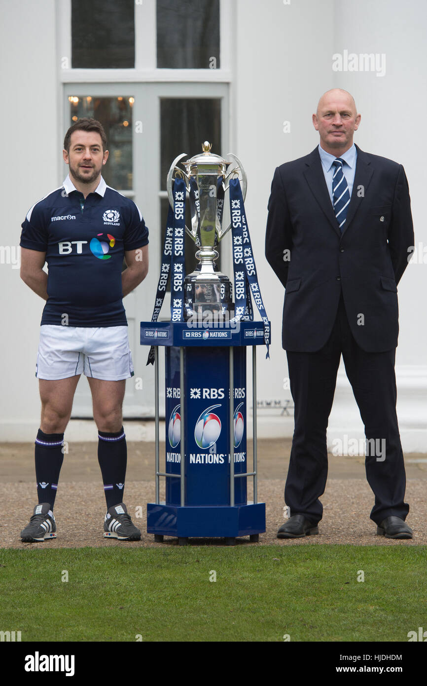 London, UK. 25th January 2017. Greg Laidlaw and Vern Cotter attend the launch of the RBS 6 Nations Championship at the Hurlingham Club London Credit: Alan D West/Alamy Live News Stock Photo