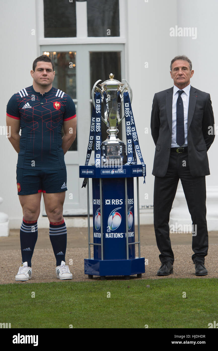 London, UK. 25th January 2017. Guilhem Guirado and Guy Noves attend the launch of the RBS 6 Nations Championship at the Hurlingham Club London Credit: Alan D West/Alamy Live News Stock Photo