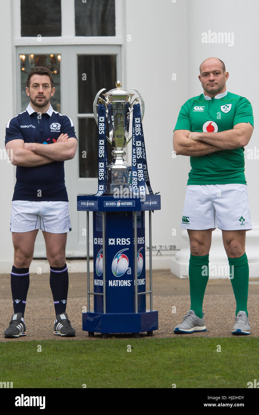 London, UK. 25th January 2017. Greig Laidlaw and Rory Best with the 6 Nations trophy at the launch of the RBS 6 Nations Championship at the Hurlingham Club London Credit: Alan D West/Alamy Live News Stock Photo
