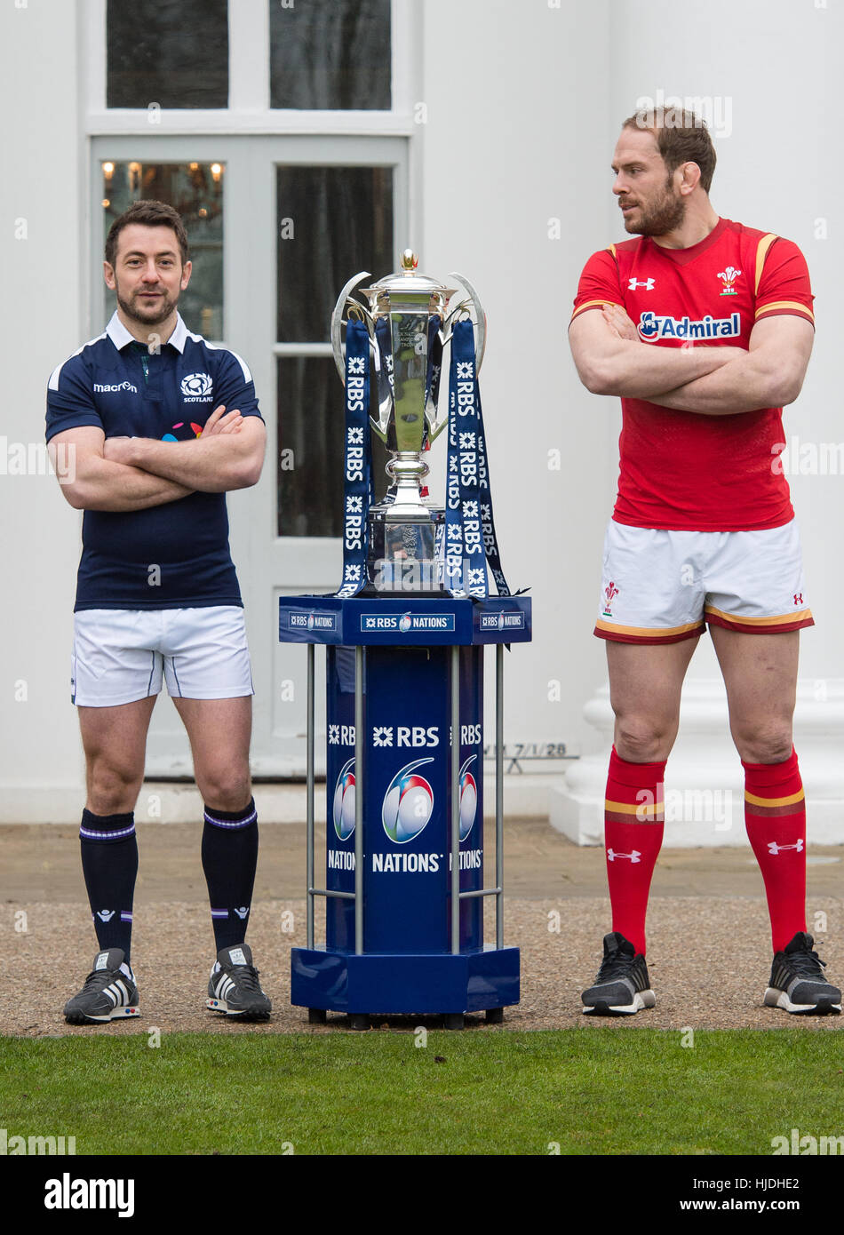 London, UK. 25th January 2017. Greig Laidlaw and Alun Wynne Jones with the 6 Nations trophy at the launch of the RBS 6 Nations Championship at the Hurlingham Club London Credit: Alan D West/Alamy Live News Stock Photo
