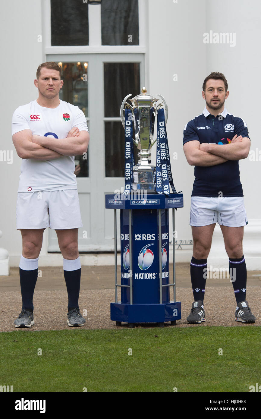 London, UK. 25th January 2017. Dylan Hartley and Greig Laidlaw with the 6 Nations trophy at the launch of the RBS 6 Nations Championship at the Hurlingham Club London Credit: Alan D West/Alamy Live News Stock Photo